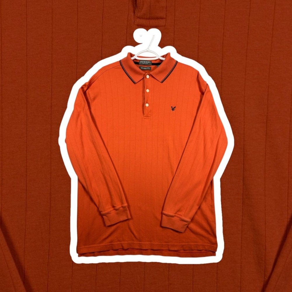 Lyle & Scott Vintage Long Sleeve Polo Shirt XL Orange Vertical Stripe Cotton
